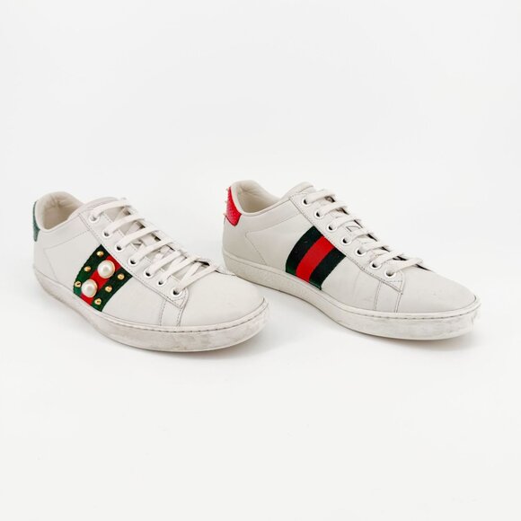 Gucci Ace Pearl Sneakers Size 36.5 US 6.5 White Leather Stud Spike Low Top Shoe - Picture 1 of 13